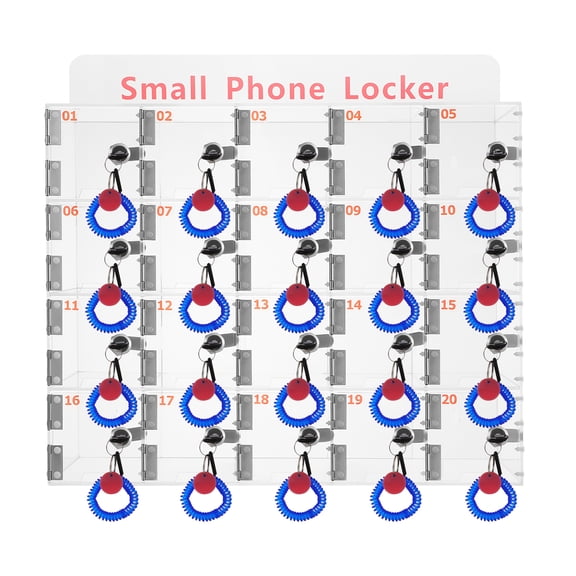 20 Slots Acrylic Cell Phone Storage Locker with Lock & Keys, Wall Mounted Secure Pocket Cabinet for Classroom, Office & Employee Phone Storage