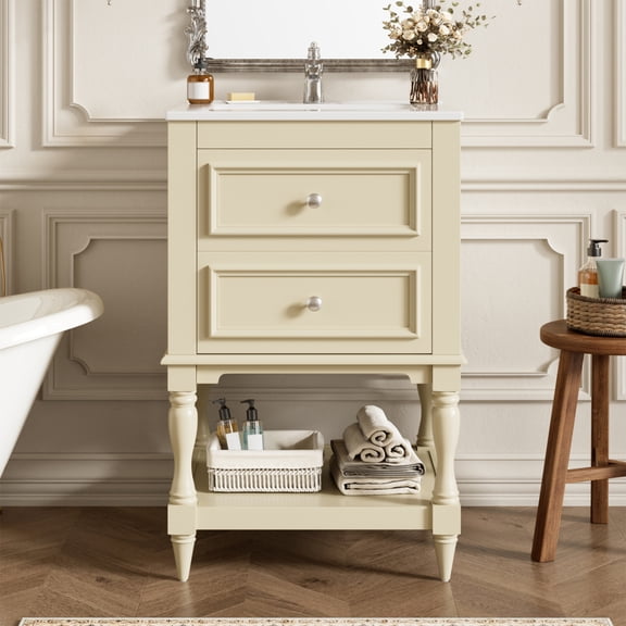 20" Small Bathroom Vanity with Ceramic Sink, French Style Freestanding Vanity with 2 Storage Drawers & Open Shelf, Wood Bathroom Storage Cabinet with Sink Combo, Beige