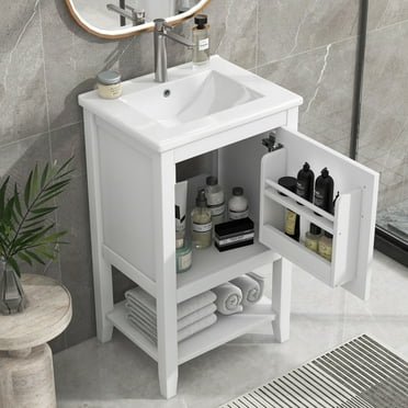 20" Small Bathroom Vanity with Sink Combo, Modern Single Sink Vanity with Top, Wood Bathroom Cabinet with Ceramic Sink, Soft Closing Door, Storage Rack and Open Shelf, White