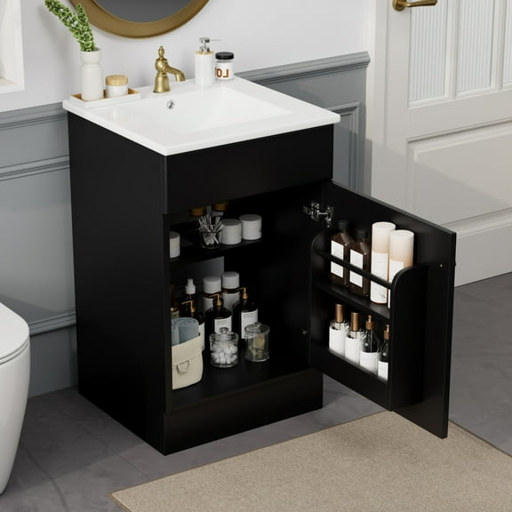 20" Small Bathroom Vanity with Sink, Modern Freestanding Vanity Cabinet with Ceramic Sink & Soft-Closing Door and Adjustable Shelf, Easy to Assemble, Suitable for Small Bathrooms, Black