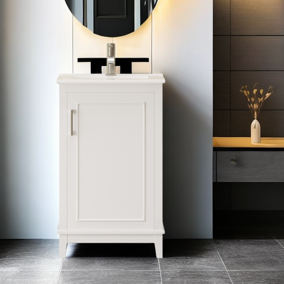 20" Small Bathroom Vanity with Ceramic Basin, Freestanding Bathroom Storage Cabinet with 1 Soft-Close Door & 2 Racks