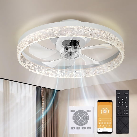 20" Smart Ceiling Fan with Light, 6-Speed Quiet DC Motor, Stepless Dimming LED (3000K-6500K), APP/Remote/Wall Panel Control, Flush Mount for Bedroom, Living Room, Office (Energy Efficient)