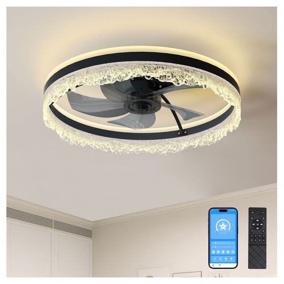 20" Smart Silent Ceiling Fan with Light  Crystal Flush Mount LED Fan Lamp with Blades and Natural Airflow System, Designed for Bedroom, Kids' Room and Study