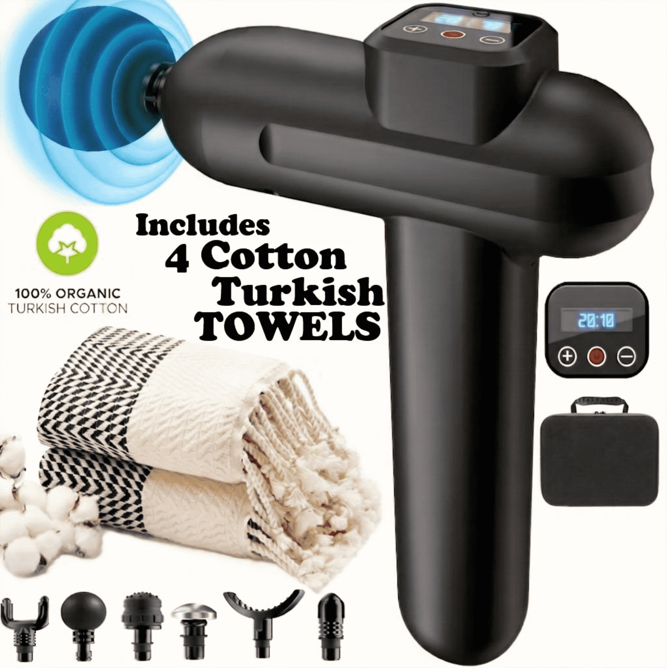 20-Speed Massage Gun with 4 Turkish Organic Cotton Towels – Deep Tissue Percussion Massager Gift Set