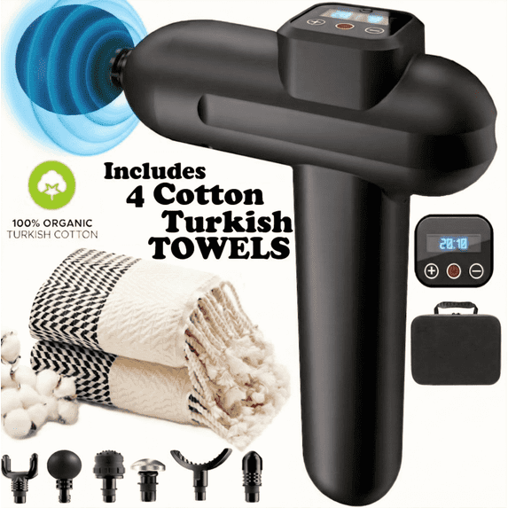 20-Speed Massage Gun with 4 Turkish Organic Cotton Towels – Deep Tissue Percussion Massager Gift Set