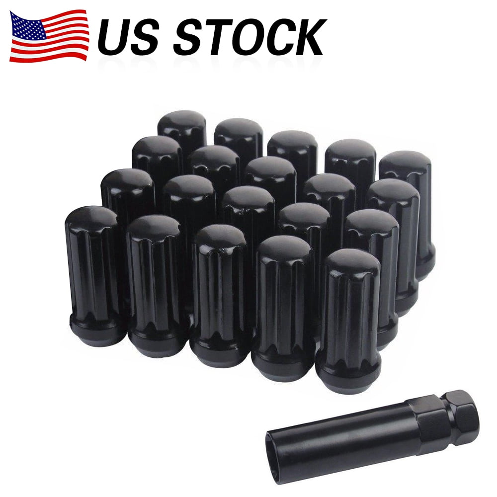 20 Spline Lug Nuts with Key M14x1.5 Black 2" TALL CHEVY SILVERADO GMC JEEP RAM
