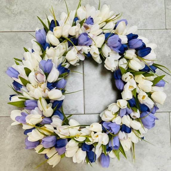 20" Spring Summer Purple and White Tulip Wreath for Front Door, Wall