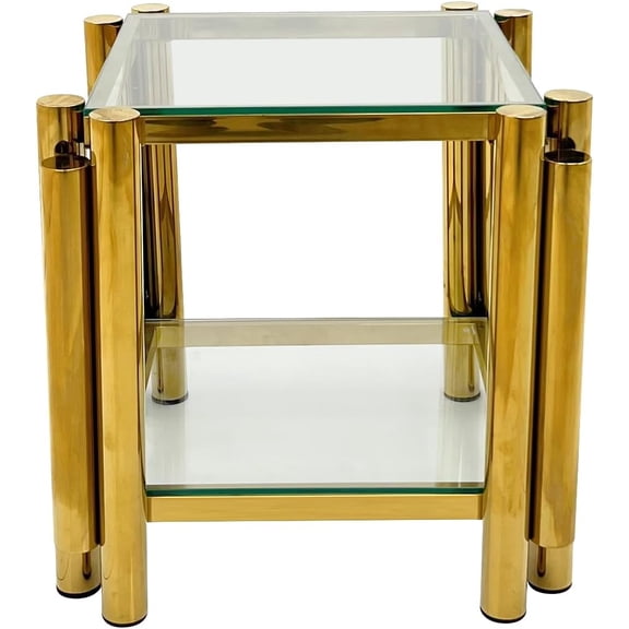 20" Square End Table, Modern Stainless Steel End Table, Double-Layer Clear Tempered Glass with Storage, for Living Room Home Office, Gold