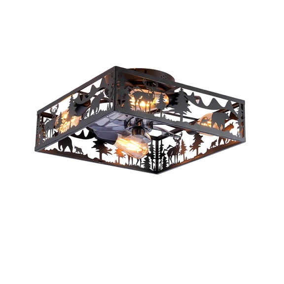 20" Square Fabric Farmhouse Flush Mount Ceiling Fan, Bladeless, 6-Speed Reversible with Remote, for Bedroom, Living Room - Bulbs Not Included, Matte Black