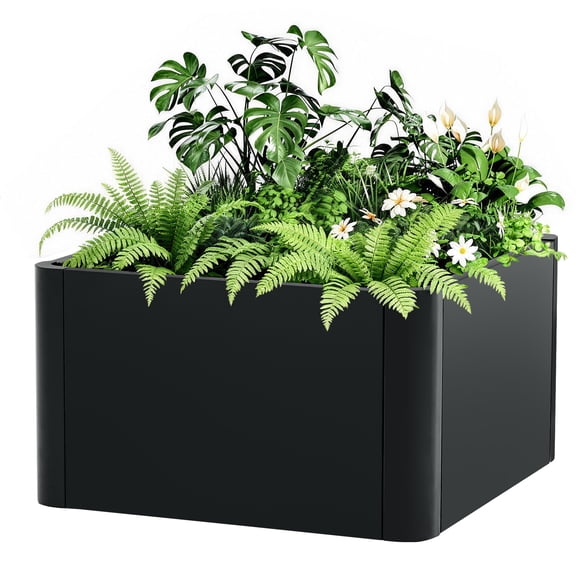 20" Square Heavy Duty Metal Raised Garden Bed Planter Box – Modern Style, Rounded Corners, Snap Assembly, Drainage Holes & Bottom – Size: 52×52×30cm, With Base