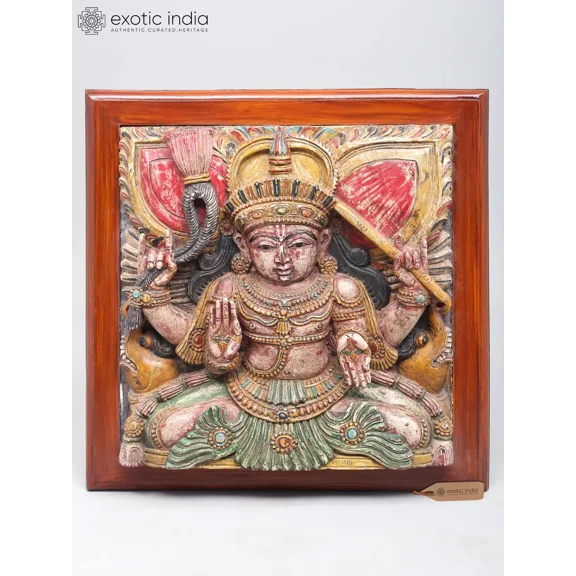20" Square Shaped Lord Indra Wall Hanging Panel | Wood Carving