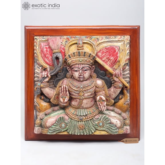 20" Square Shaped Lord Indra Wall Hanging Panel | Wood Carving
