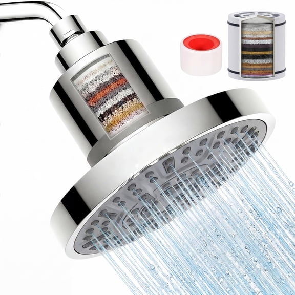 20-Stage Filtered Shower Head, 6-Inch Rain Shower Head with Built-in Hard Water Filter, Removes Heavy Metals, High Pressure 7 Spray Modes, Adjustable Angle, Water Saving, Silver