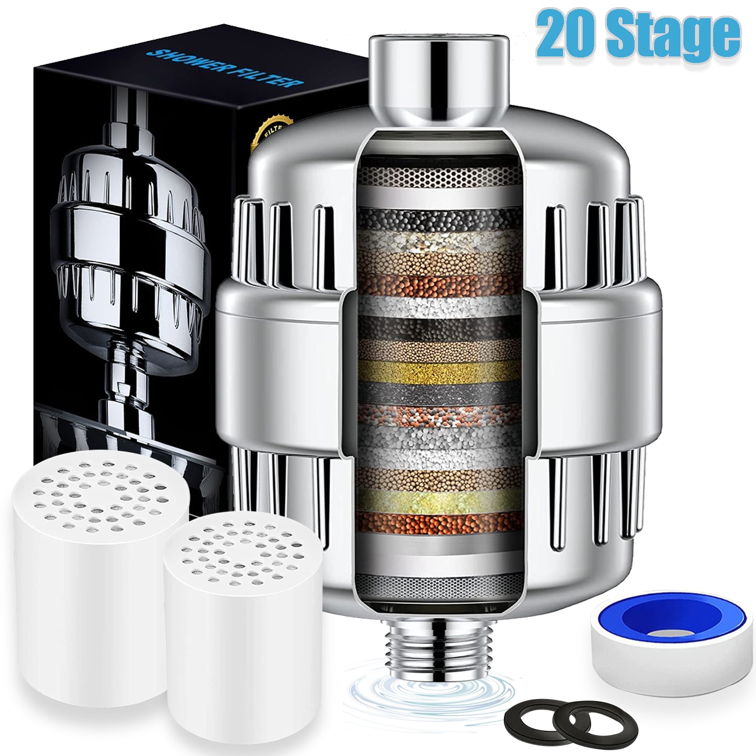 20 Stage Shower Filter For Hard Water, with 2 Replaceable Cartridge, High  Output Shower Head Filter, Hard Water Filter 