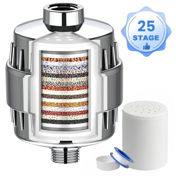 Shower Filter 25 Stages High Output with 2 Replaceable Shower Filter Cartridges for Hard Water Universal Shower Head Reduces Impurities, Improves Skin & Hair