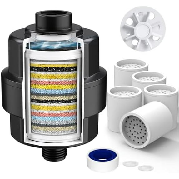20-Stage Shower Filter-Shower Head Filter for Hard Water, with 5 Replaceable Cartridges, High Output Shower Water Filter for Removing Chlorine and fluoride, Black