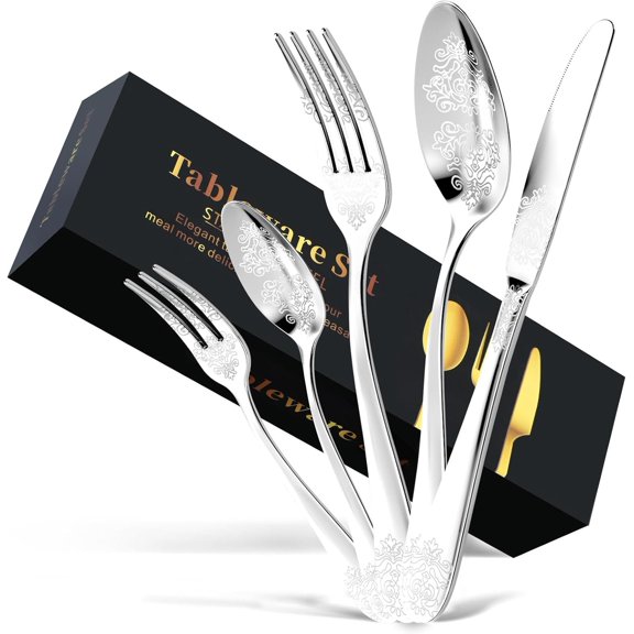 20- Stainless Steel Silverware Set, Elegant Floral Engraved Cutlery Flatware Set for 4, Durable Tableware Utensil Sets Include Fork Spoon with Mirror Polish
