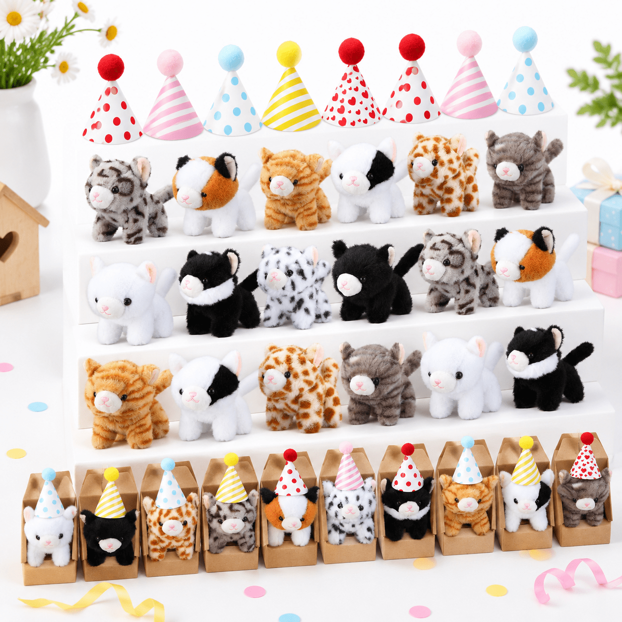 20 Standing Cat Mini Plush Set with Hats and Paper Homes for Party ...