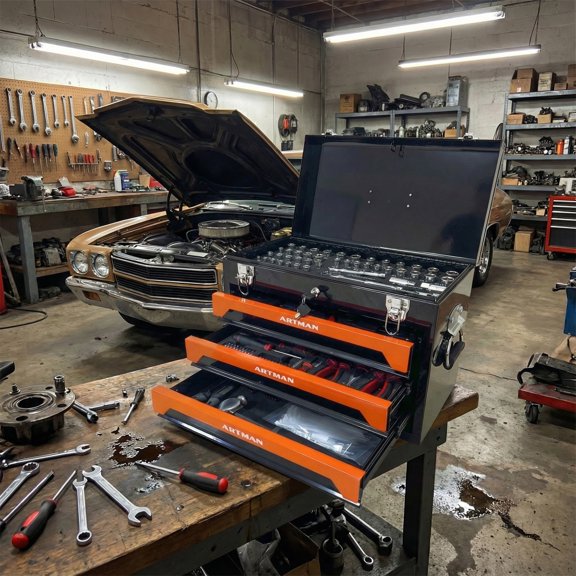 20" Steel Toolbox, 3 Drawer Portable Tool Box with Ball Bearing Slides & Top Storage Tray, Heavy Duty Lockable Tool Storage for Garage Workshop