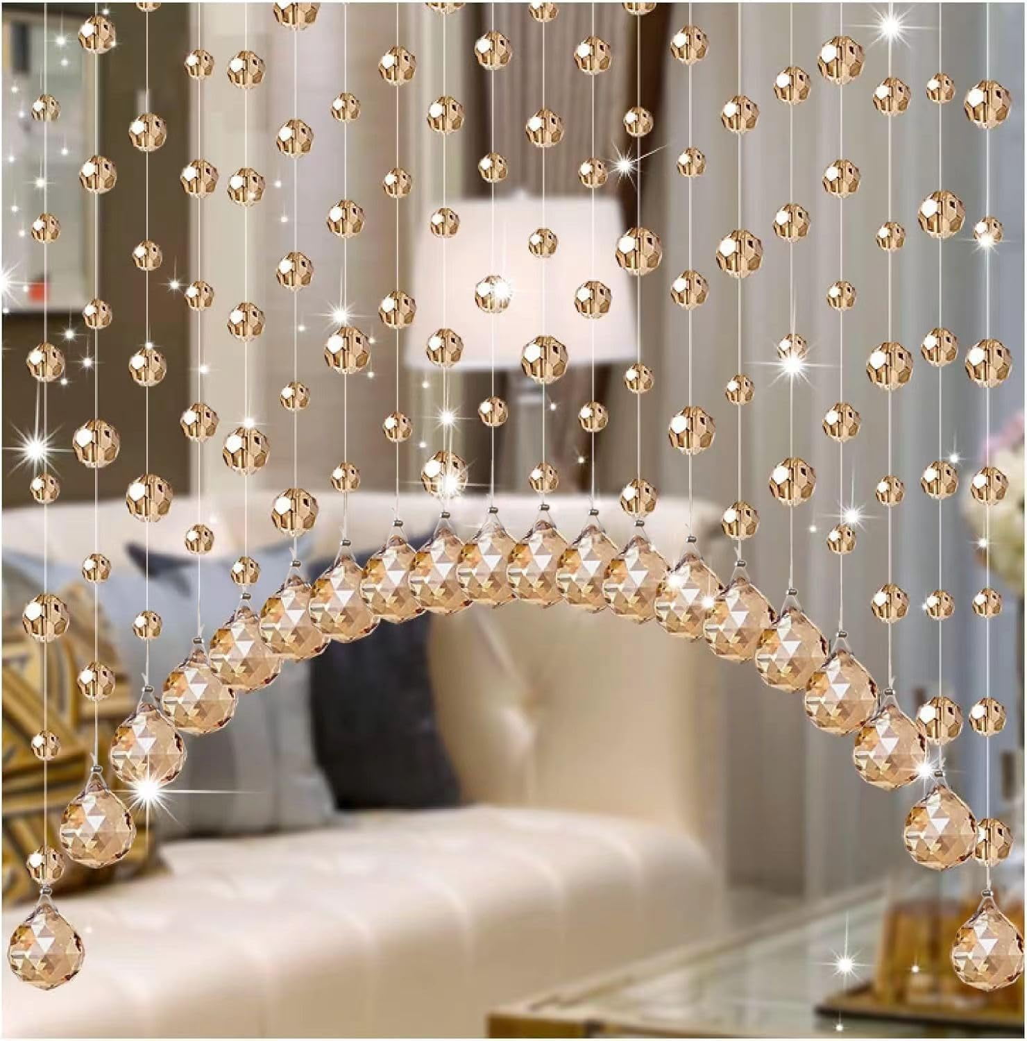20 Strings Crystal Beaded Curtain  Arched Door String Hanging Doorway Room Divider Suitable For Home Coffee House Bedroom Restaurant. (chamgagne)