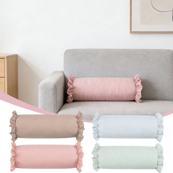 20 in Striped Bolster Pillow with Ruffled Edges, Cylindrical Neck Roll Pillow for Bed Sofa, Lumbar Support Pillow for Sleeping Relaxing, Decorative Throw Pillow with Removable Cover