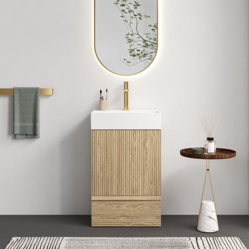 20" Sturdy Compact Freestanding Cabinet, Bathroom Storage Unit with Soft Close, Modern Small Bathroom Vanity with Ceramic Sink for Bathroom, Light Oak