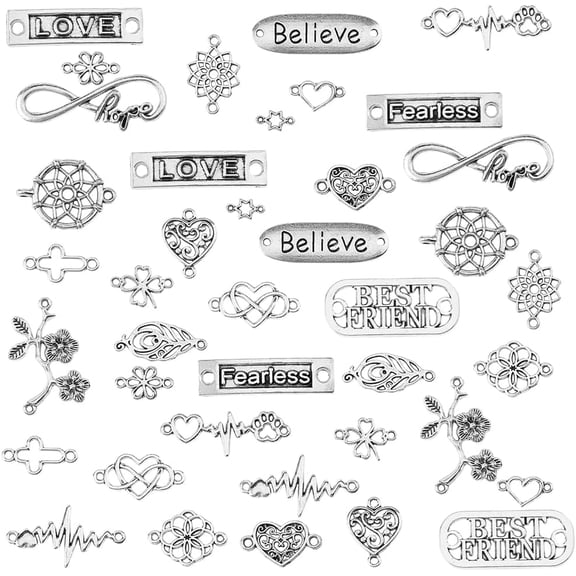 20 Styles 60Pcs Word Connector Charms Heart Link Charm Bulk Silver Infinity Heart Symbol Linking Inspire Words Connectors
