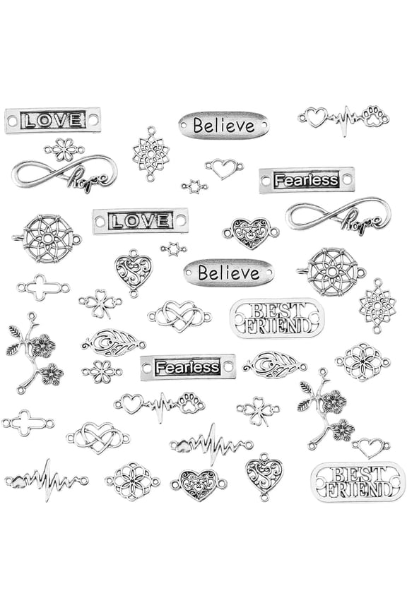 20 Styles 60Pcs Word Connector Charms Heart Link Charm Bulk Silver Infinity Heart Symbol Linking Inspire Words Connectors