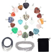 SFTD 20 Styles Heart Stone Charms Set Natural Energy Crystal Mixed Stone Pendants Chakra Gemstone Beads Rose Quartz Tiger Eye with Waxed Cord Chains for Jewelry Making Crafts