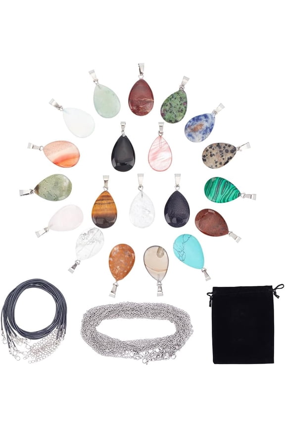 20 Styles Teardrop Stone Charms Set Natural Energy Mixed Stone Pendants Gemstone Beads Rose Quartz Tiger Eye with Waxed Cord Chains for Jewelry Making Crafts