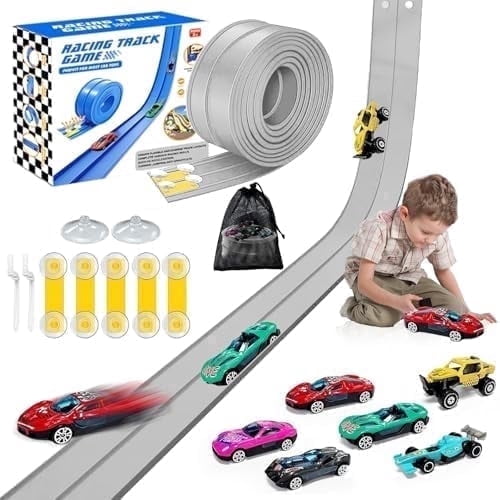 20 Suction Cups Gravity Ramp 16Ft Flex Race Track - 5 Cars w/Storage Bag, Gray Track for Kids 3-8, Car/Marble Compatible