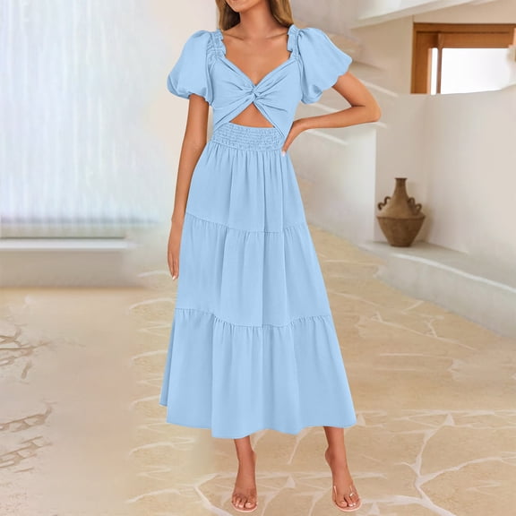 Under $20 Summer Dresses Plus Size, Women's Fashion Sexy Solid Lace Short Sleeve Pleated Dresses Long Dress Midi Maxi Dresses Elastic Waist Boho Beach Dress Pockets(Light Blue,XL)