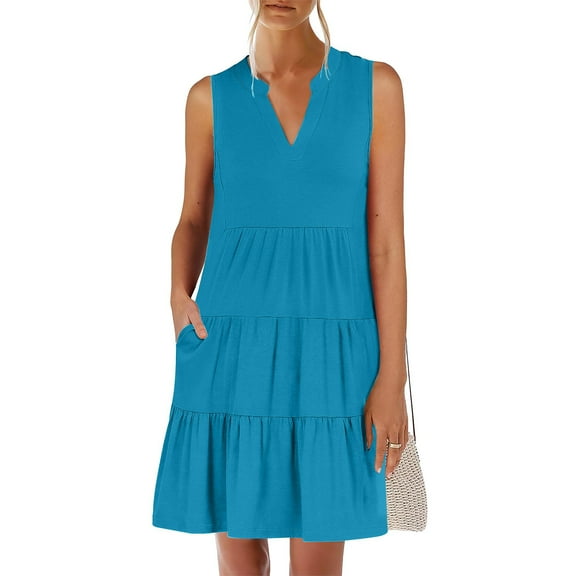 Under $20 Summer Dresses Plus Size, Women's Solid Short Sleeve V Neck Ruffle Dresses Sexy Elegant Club Party Tunic Mini Dresses Casual Vacation Dress(Blue,XL)