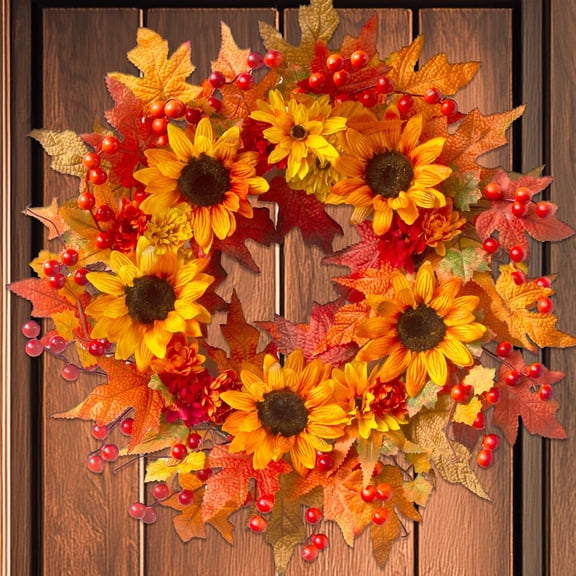 20" Sunflower Fall Wreath with Maple Leaves & Berry, Autumn Artificial Wreath for Front Door Outside Thanksgiving Halloween Window Home Wall Farmhouse Holiday Outdoor Indoor Décor (Yellow)