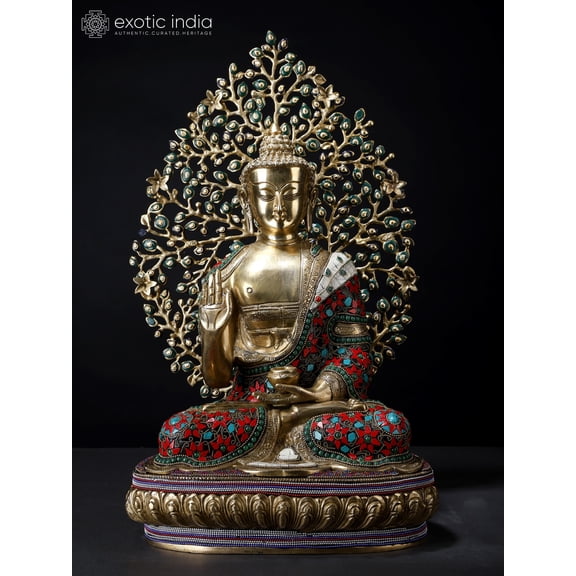 20" Superfine Shakyamuni Buddha Inlay Brass Statue with Bodhi Tree as Backdrop