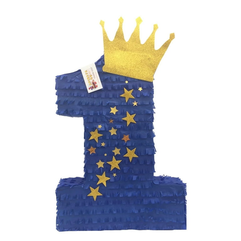 Small Royal Blue and Gold Number 1 Pinata with Pull Strings for 1st  Birthday Party Table Decorations, 16.5 x 10.6 x 3 In