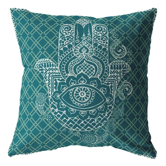 20†Teal White Hamsa Boho Suede Throw Pillow