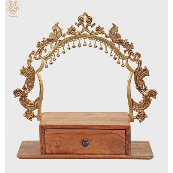 20" Temple-Altar with Prabhavali and a Drawer In Brass & Wood | Handmade