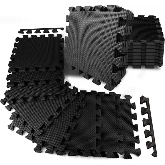 20 Tiles EVA Interlocking Floor Mats, 12"x 12" Thick Gym Flooring Mats, 20 Sq Ft Black Tiles for Yoga, Workout, Jump Rope, Gym Equipment, Corner Layout, Play Area