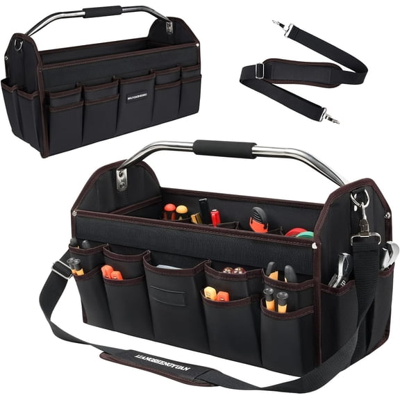 20 In Tool Carrier, Open Top Tool Tote 30 Pockets, Tool Bag For Men, Foldable Wide Mouth Electricians Tool Bag, With Stainless Steel Handle and Removable Strap