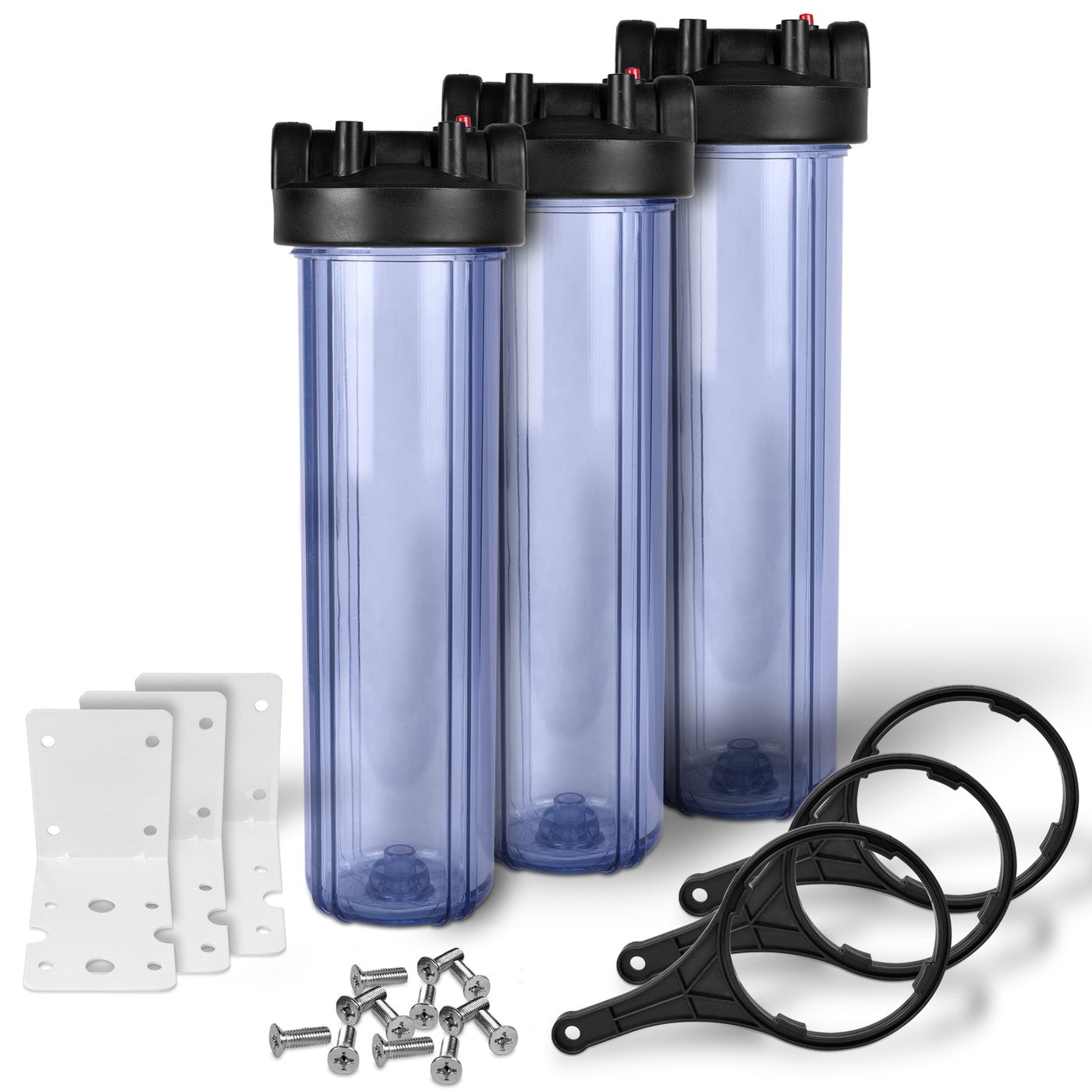 20" Transparent Big Blue Housing for Whole House Water Filtration System, 1” Brass Port, Mounting (3 pack) Hardware