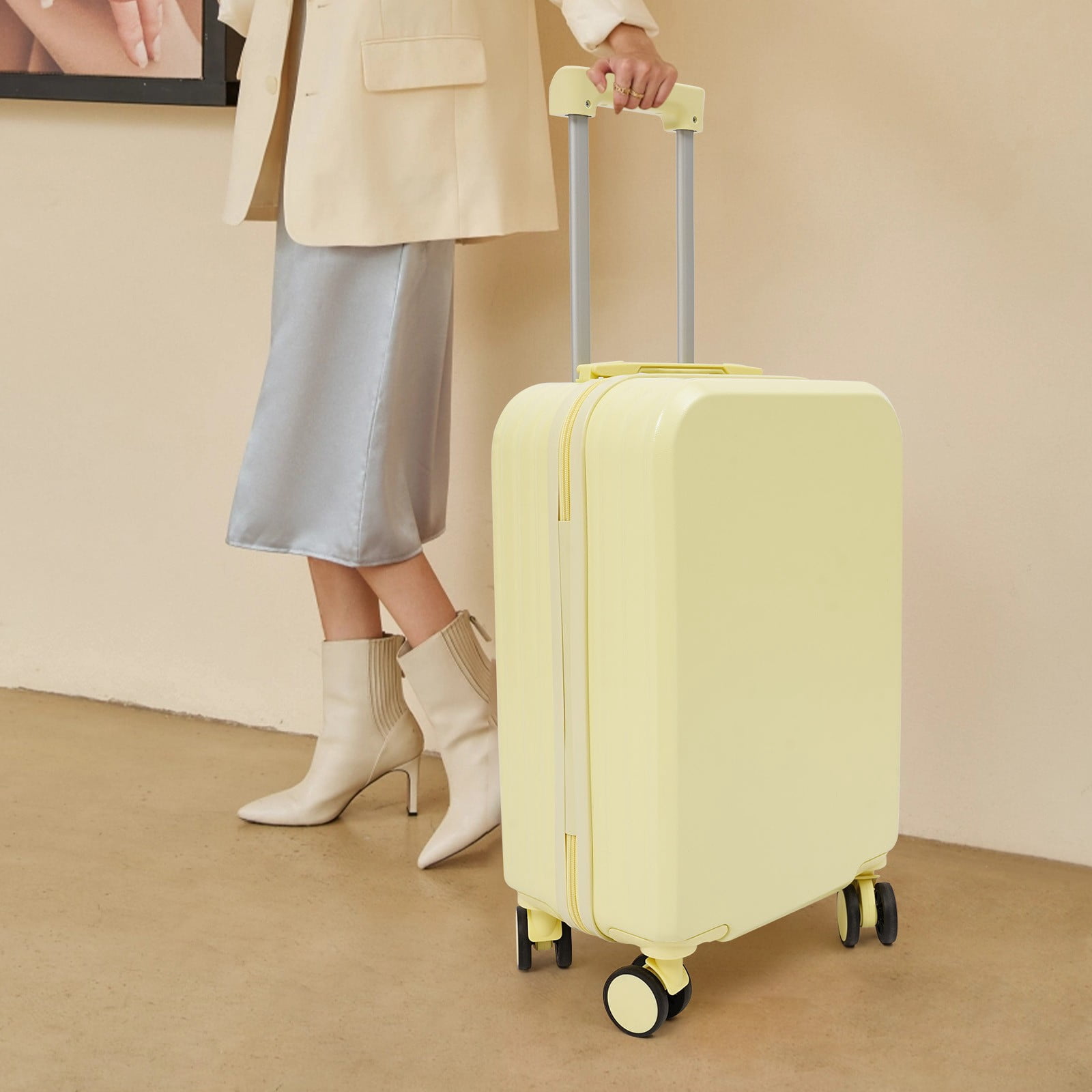 20" Travel Luggage Suitcase Yellow Carry On Luggage, Suitcase with Cup Holder Used In Short-Distance Domestic And International Tourism