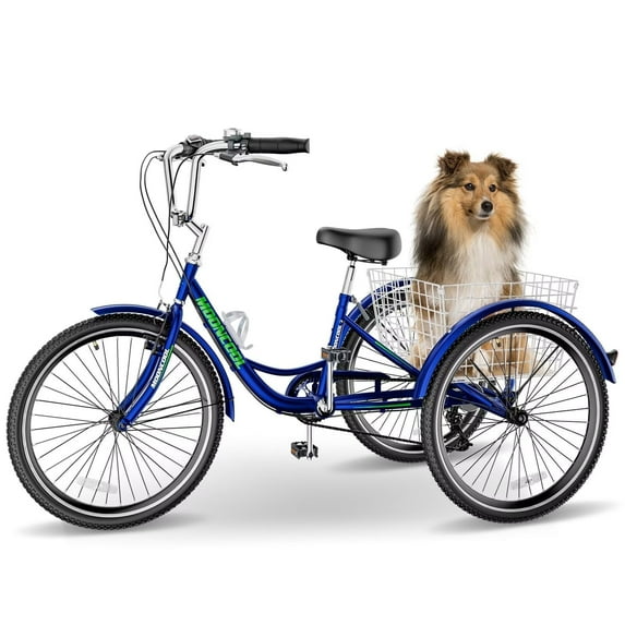 MOPHOTO 20"/24"/26" Tricycle for Adults Seniors with Big Basket, 7 Speed Low-Step Through Frame 3 Wheel Bikes Suitable for Women, Men for Cycling, Shopping, Exercise, Support up to 350 LBS