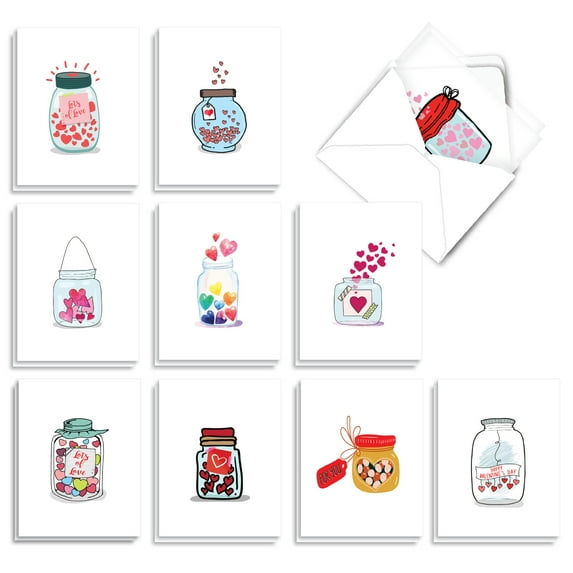 20 Valentine's Day Note Cards with Envelopes (4" x 5.12") - Love Jar Valentine's Day (10 Designs, 2 Each) AM3183VDG-B2x10
