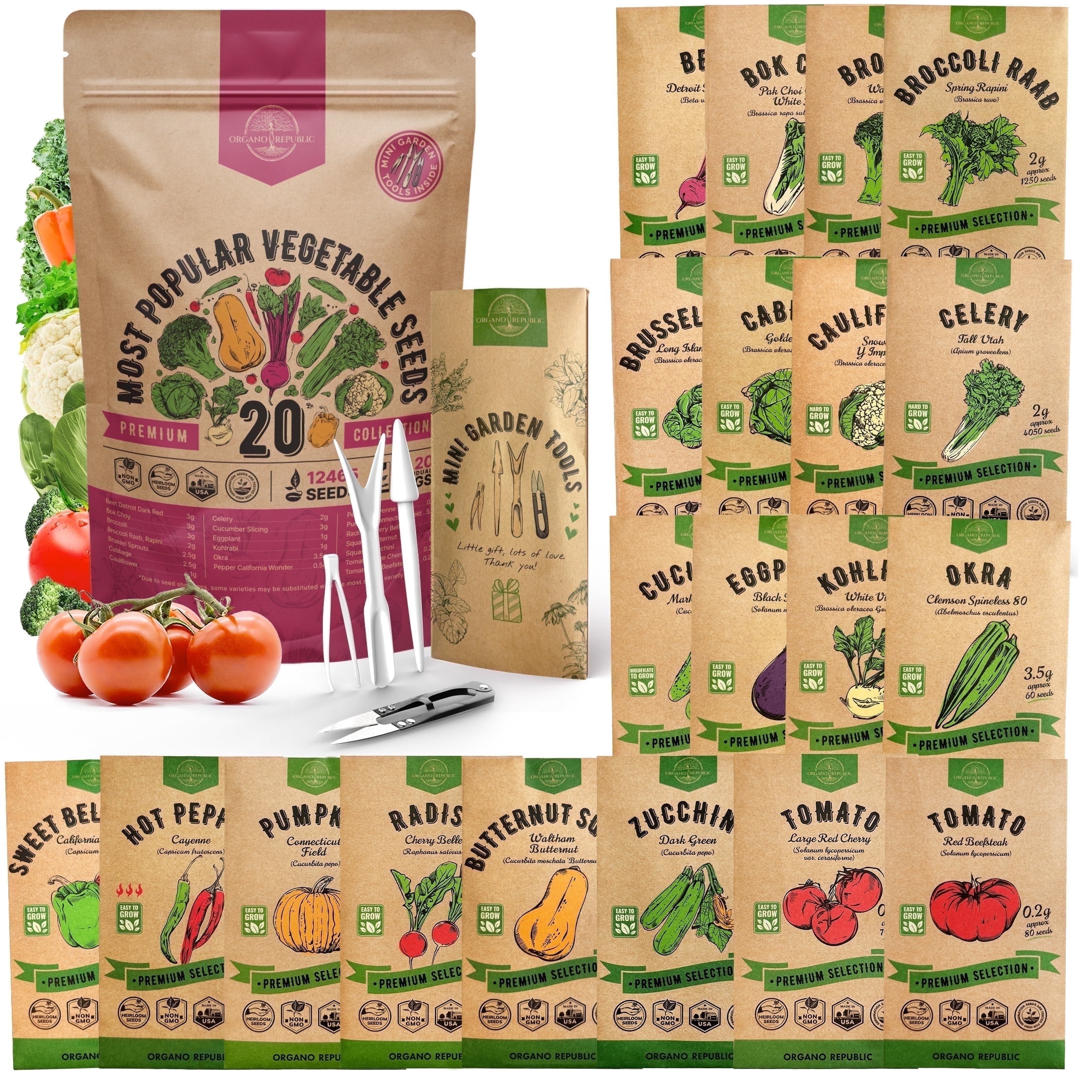 20 Vegetable Seeds Variety Pack - 12465 Non-GMO Heirloom Seeds for Planting Vegetables and Fruits