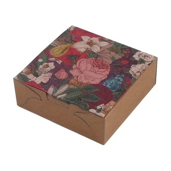 20 Vintage Floral Print Square Dessert Boxes - Eco-Friendly Kraft Paper Pastry Containers for Cookies, Pastries, Mooncakes, and Party Favors