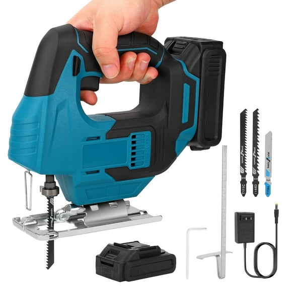900W Cordless Jig Saw 2700RPM Variable Speed with 20V 2.0Ah Battery Charger Saw Blades Parallel Guide 0°- 45° Bevel Cuts, LED Light, 4 Orbital Settings for Straight/Curve/Circle Cutting,Blue