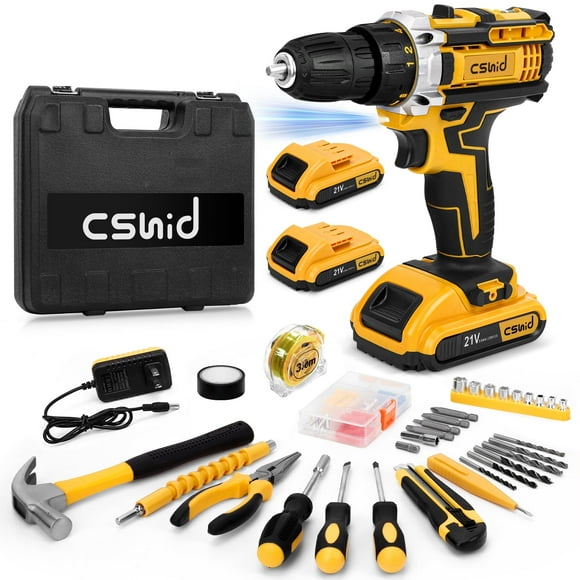 Cshidworld Cordless Drill Tool Kit Set, 21V Power Drill Tool Box with 2x 3000mAh Battery Electric Drill Set Driver for Men Women Home Hand Repair Basic Tool Sets, 95PCS Mechanic Toolbox, Yellow