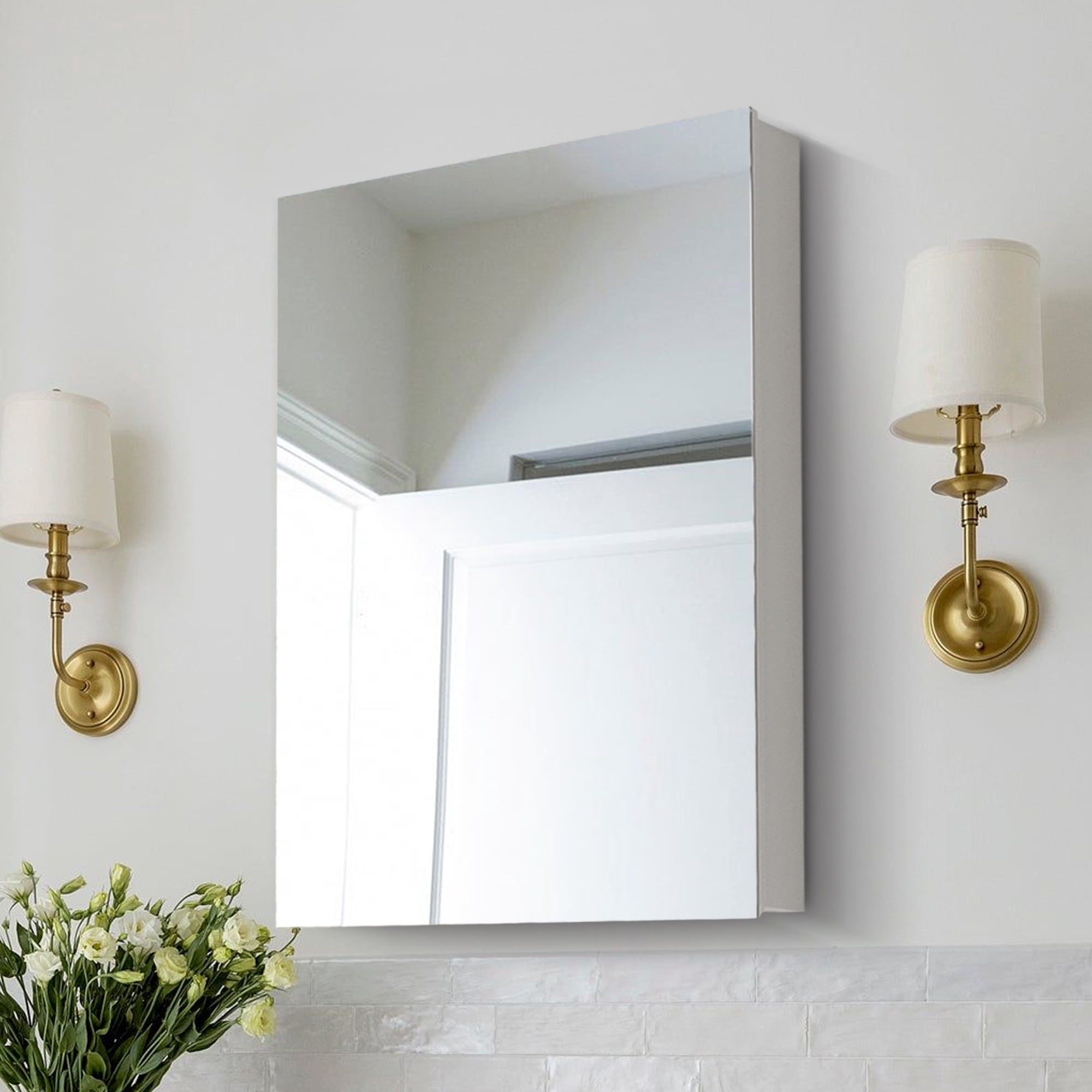 20"W*26"H White Medicine Cabinet Mirror,Ample Storage,Rectangular Wood ...