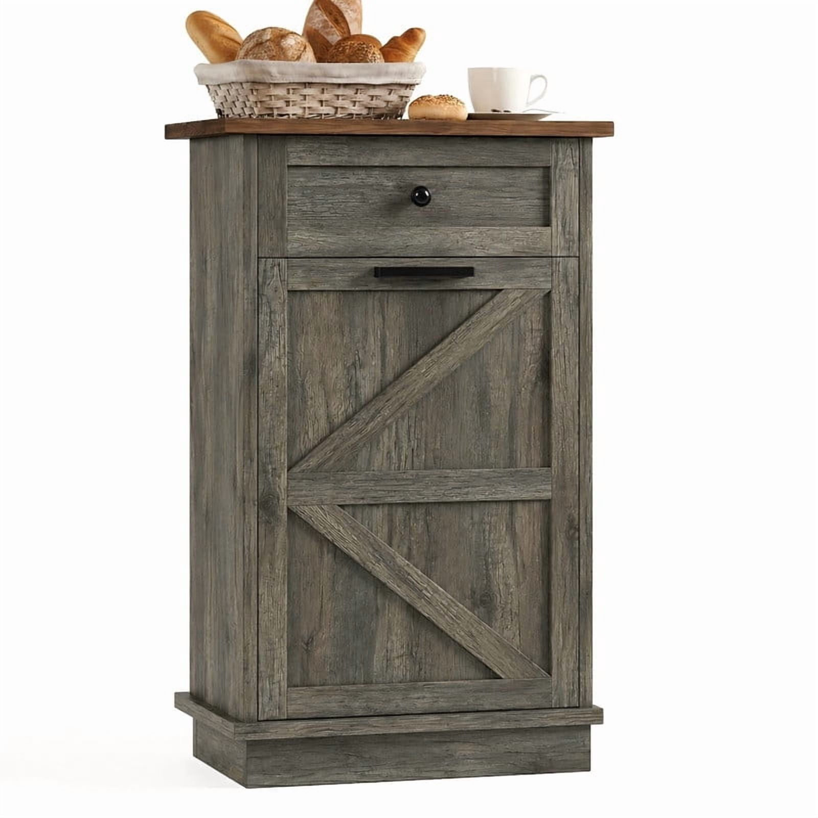20''W Tilt Out Trash Can Storage Cabinet with A Drawer, Farmhouse Small Kitchen Island with 10-Gallon Trash Hidden Cabinet